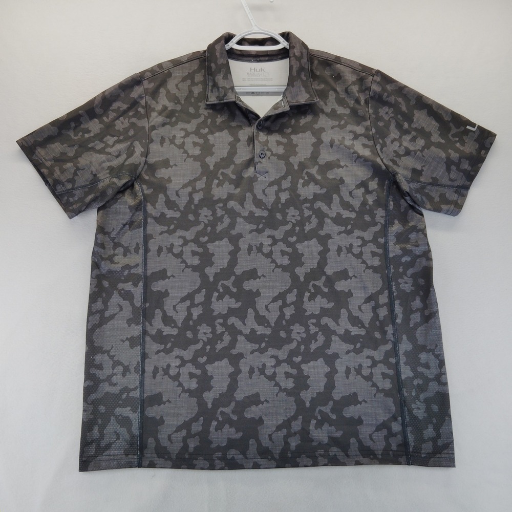 Huk Polo Shirt Mens L Grey Good Camo Performance Short Sleeve Fishing Top Lrg